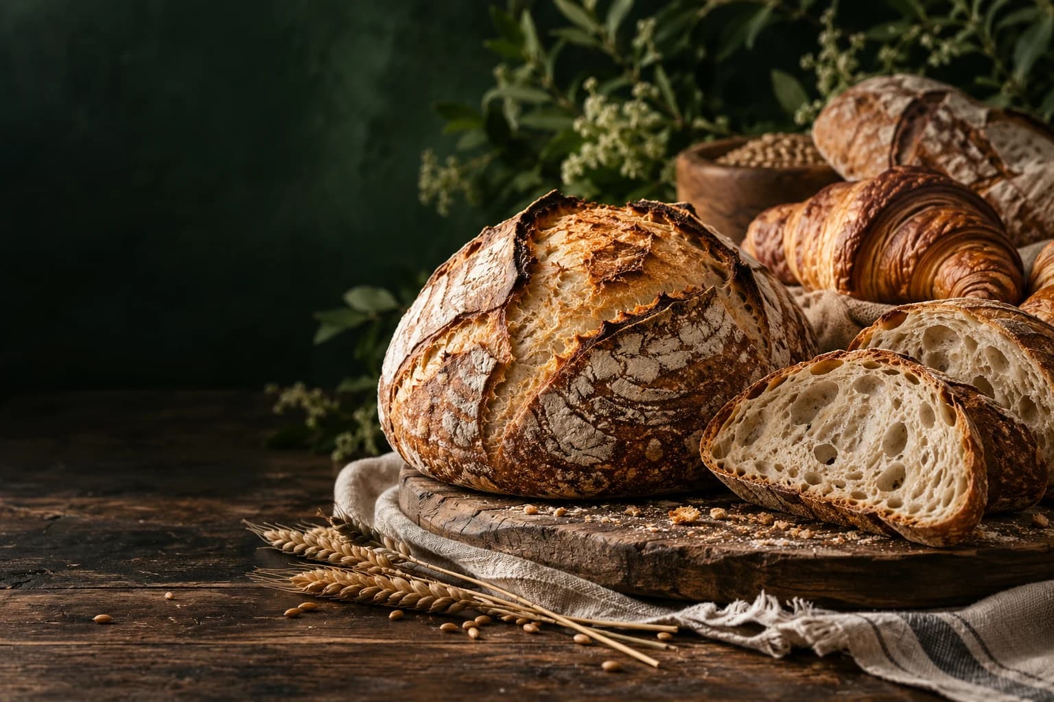 Rustic artisan loaves on a wooden table